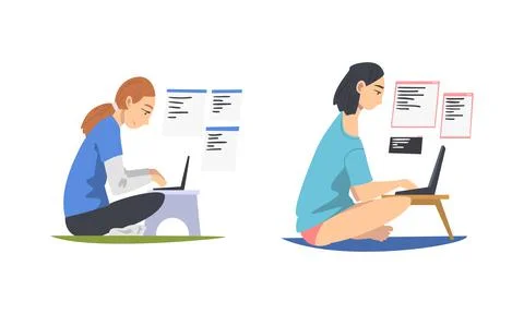 Female programmers working on computers writing computer software cartoon vector Stock Illustration