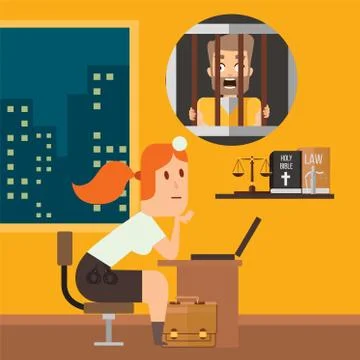 Female prosecutor is sitting table with case, holy bible, thinking about Stock Illustration