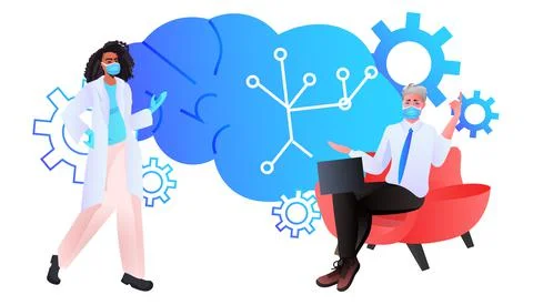 Female psychologist solving psychological problem of male patient Illustrazione stock