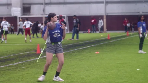 Female Quarterback Throws Touchdown in Flag Football Tournament Stock Footage 223988354
