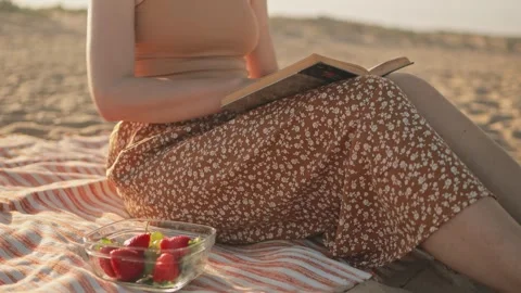 Female reader relaxing on striped beach blanket, enjoying book and fresh st.. Stock Footage 310686152