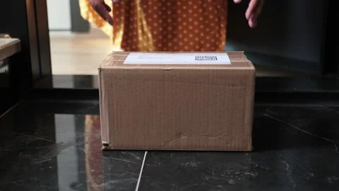 Female Receive Parcel Postal from E-commerce Online Shop Store at Home. Cargo Stock Footage 197431020