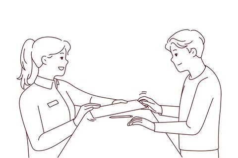Female receptionist give document for client to sign Stock Illustration