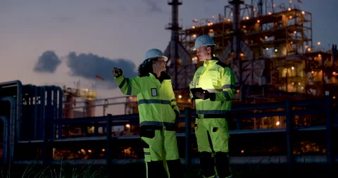 Female refinery engineer points toward industrial structure beside supervisor Video stock 335606907