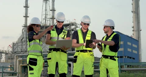 Female refinery engineer points toward laptop screen while supervisor and Stock Footage 337392689