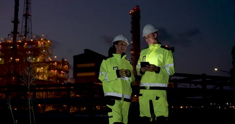 Female refinery engineer reviews operational checklist beside supervisor holding Stock Footage 338425329