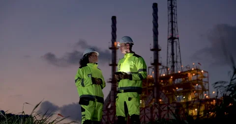 Female refinery engineer reviews tablet beside supervisor near illuminated Video stock 335607066
