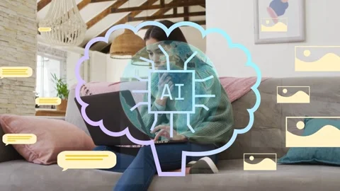 Female remote worker typing on laptop and activating teal bubble with AI chip Stock Footage 333318142