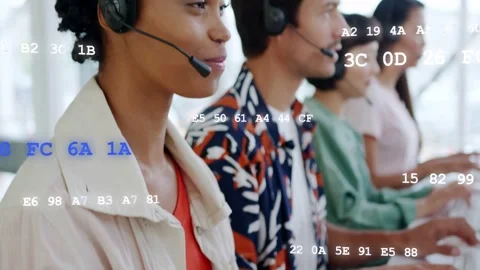 Female rep moving headset while typing in call center, starting animated code Stock Footage 333368317