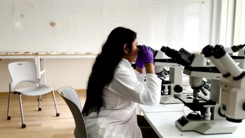 Female research scientist looking at samples under microscope Stock Footage 255903841