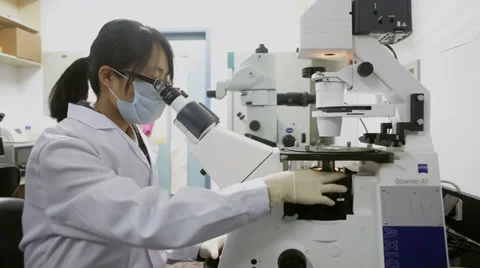 A female researcher adjusts microscope for the focus at a laboratory Stock Footage 35186124