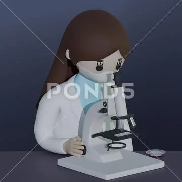Female researcher and microscope 3d rendering illustration PSD Template