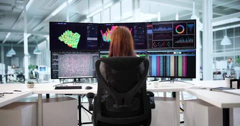 Female Researcher Solving Complex Problems With 3D Chart Visualization Softwa Stock Photos