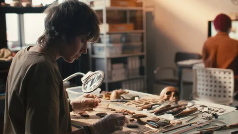 Female Researcher Sorting Archaeological Artifacts on Table in Laboratory Stock Footage 296519080