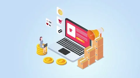 Female reseller using a laptop on stack of coin Stock-Footage 169385896