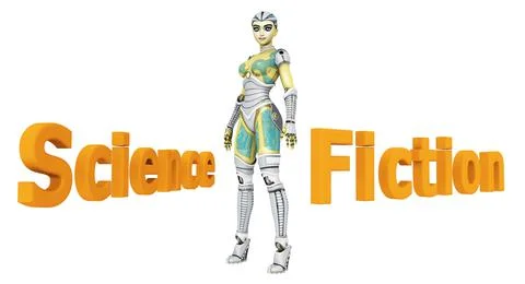 Female robot and the words Science Fiction isolated on white background Stock Illustration
