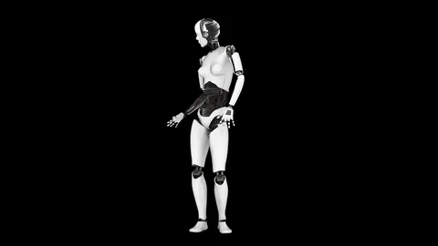 Female robot Android looks around surprised looks around and is surprised Stock Footage 128432955