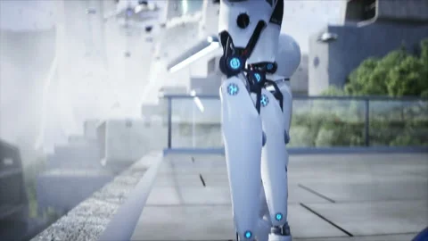 Female robot with baby robot, droid. Futuristic city. flying car traffic Vídeos de archivo 201947547
