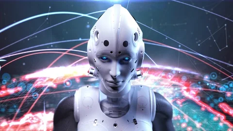 Female robot evil look. on digital globe background. 스톡 동영상 112360527