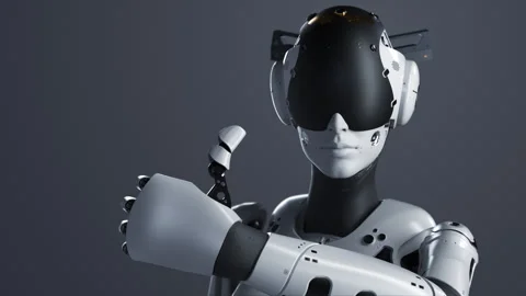 A female robot makes a thumbs-up gesture, indicating the correctness of decis Stock Footage 248784963