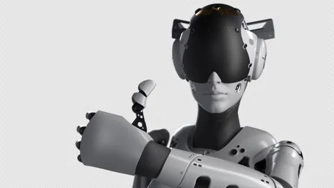 A female robot makes a thumbs-up gesture, indicating the correctness of decis Stock Footage 249481861