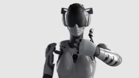 A female robot makes a thumbs-up gesture, indicating the correctness of decis Stock Footage 249481915