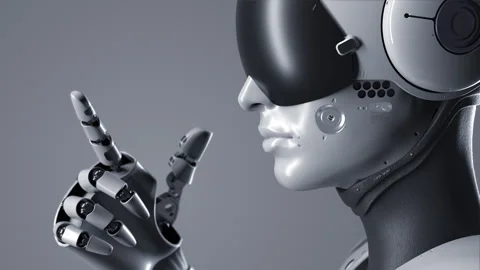 Female robot medium framing, side view, robot makes a gesture to come closer Stock Footage 248784869