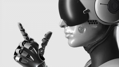 Female robot medium framing, side view, robot makes a gesture to come closer. Stock Footage 249481959