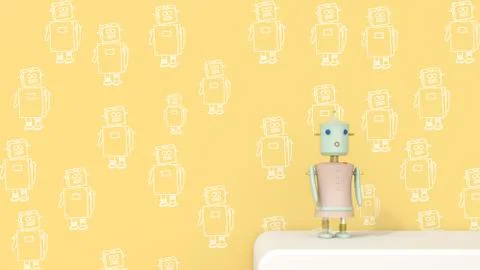 Female robot on sideboard in front of patterned wall paper, 3D rendering 스톡 일러스트