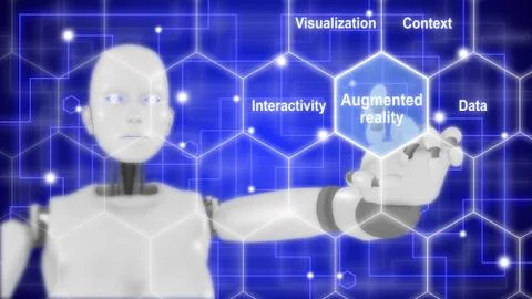 Female robot touching augmented reality grid Stock Illustration