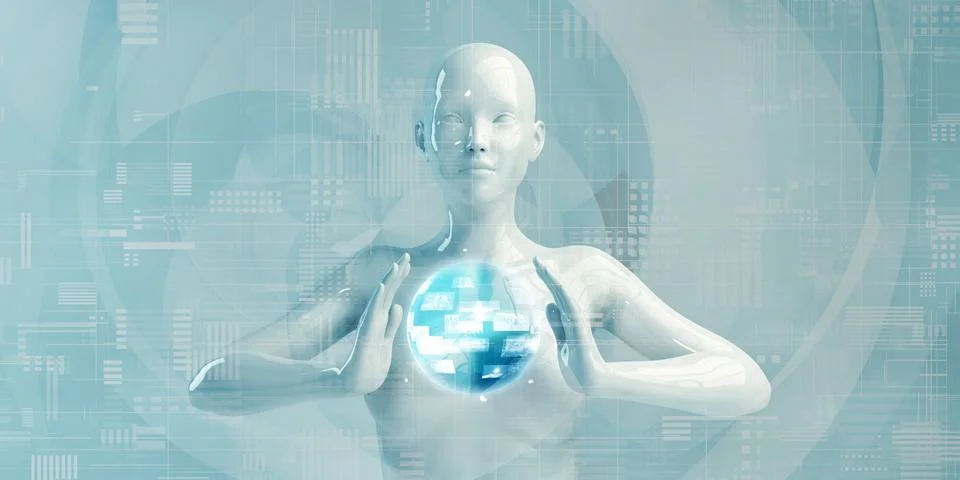 Female Robot Using Digital Solutions Illustrazione stock