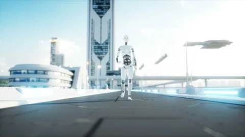 Female robot walking. Futuristic city, town. People and robots. Realistic 4K Stock Footage 89999003