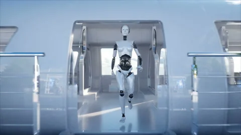 Female robot walking. Sci fi station. Futuristic monorail transport. Concept of Stock Footage 87685711