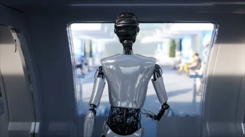 Female robot walking. Sci fi station. Futuristic monorail transport. Concept of Stock Footage 87685867