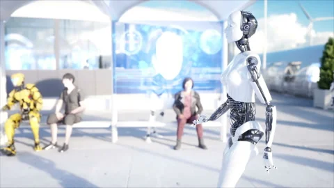 Female robot walking. Sci fi station. Futuristic monorail transport. Concept of Stock Footage 87686298