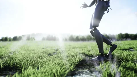 Female robot walks grass field . Sci fi city background. Concept of future Stockbeeldmateriaal 132494556