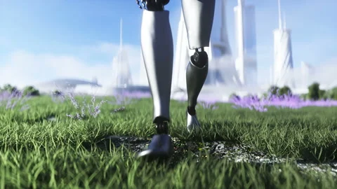 Female robot walks grass field . Sci fi city background. Concept of future Vídeos de archivo 132497441