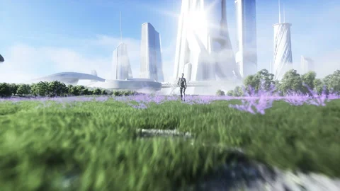 Female robot walks grass field . Sci fi city background. Concept of future Vídeos de archivo 132497852