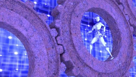 Female robot walks inside rusty gears Stock Illustration