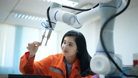 Female Robotics engineer working with Programming and Manipulating Robot Hand Stock Footage 280789297
