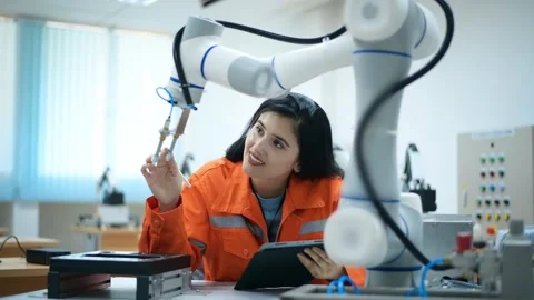 Female Robotics engineer working with Programming and Manipulating Robot Hand Stock Footage 280789386