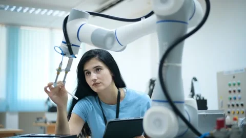Female Robotics engineer working with Programming and Manipulating Robot Hand Stock Footage 280789585