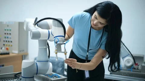 Female Robotics engineer working with Programming and Manipulating Robot Hand Stock Footage 280789711