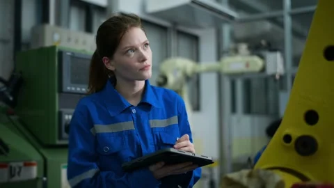 Female Robotics engineer working with Programming and Manipulating Robot Hand Stock Footage 280791192