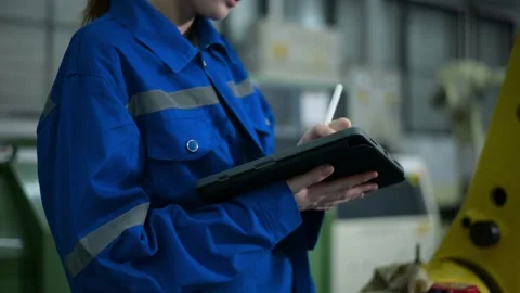 Female Robotics engineer working with Programming and Manipulating Robot Hand Stock Footage 280791207