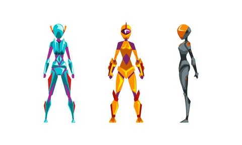 Female Robots Set, Side, Front and Back View of Cyborg Characters in Various Stock Illustration