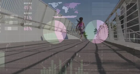 Female runner accelerating on bridge, causing HUD charts and stats to expand, Stock Footage 334114393