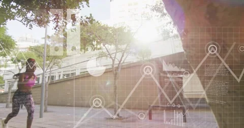 Female runner entering left for training and initiating HUD data, passing tree Stock Footage 334177963