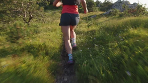 Female Runner Sprinting through Lush Landscape Vidéo 314202452