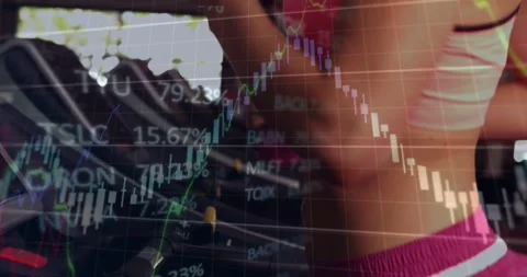 Female runner tapping console to start treadmill, fixing earbud, tracking stock Stock Footage 331276245